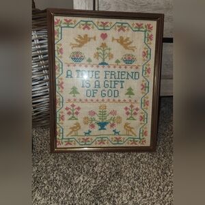 Vintage Framed Hand Stitched "A True Friend is a Gift From God" Sampler